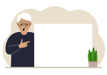 A old man points his finger at a clean large banner, a blank poster or a large white sheet of paper with space for text.