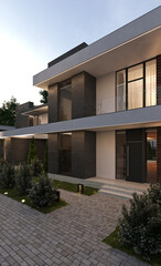 Modern villa with a large terrace and panoramic windows. 3d visualization. Unique architecture. Evening illumination of the facade. - obrazy, fototapety, plakaty
