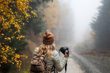Woman with camera hiking in misty autumn forest. Photographing nature - obrazy, fototapety, plakaty