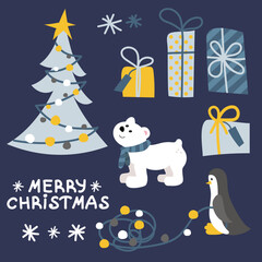 Set of Christmas vector illustrations with polar bear and penguin. Hand drawn style