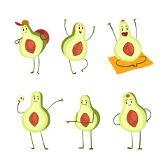 Cute Avocado Character with Different Emotion and Activity Vector Set