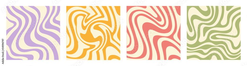Aufkleber Abstract set square backgrounds with colorful waves. Trendy vector illustration in style retro 60s, 70s. Pastel colors