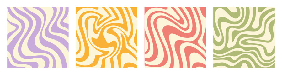 Abstract set square backgrounds with colorful waves. Trendy vector illustration in style retro 60s, 70s. Pastel colors