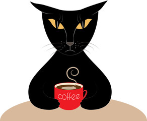 Fototapeta na wymiar A black cat drinks hot coffee from a red cup at dawn. Isolated image on a transparent background.