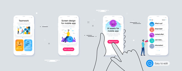 Set of Buildings, Cleaning service and Yummy smile line icons. Phone ui interface. Include Puzzle, Quick tips, Delivery market icons. Election candidate, Web traffic, Algorithm web elements. Vector