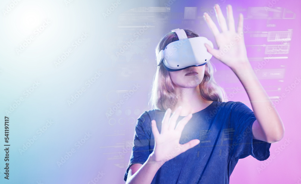 Aufkleber Virtual reality, metaverse and information with a woman user accessing a digital world with headset goggles. Future, data and ai with a female using technology to access a cyber network or dashboard