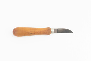Wood carving knife with wooden handle. White background.