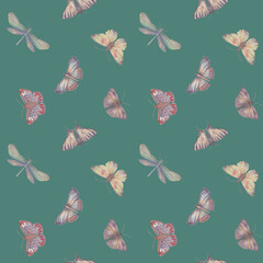 Seamless pattern of butterflies and dragonflies. Botanical abstract ornament for design.