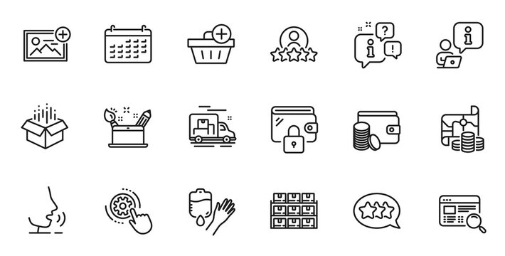 Outline set of Creativity concept, Calendar and Interview line icons for web application. Talk, information, delivery truck outline icon. Include Payment method, Wallet, Website search icons. Vector