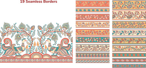 19 vector elements in the style of Kalamkari. A set of seamless flower borders. Oriental ornaments.
