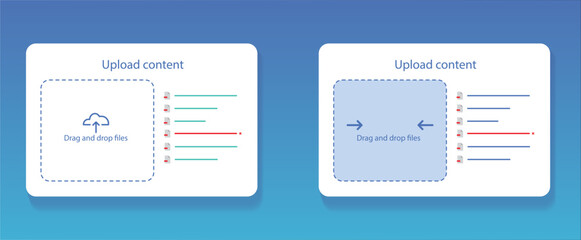 file uploader user interface design, image upload modal window, web page vector template. Upload content button, drag and drop area. UI UX presentation