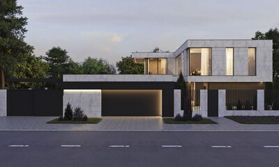 Obraz premium 3D visualization of a modern villa with a courtyard, panoramic windows and a large terrace. flat roof house