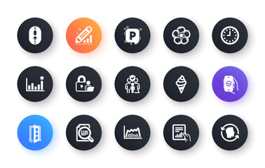Minimal set of Edit statistics, Open door and Efficacy flat icons for web development. Lock, Trade chart, Swipe up icons. Ice cream, Clock, Check article web elements. Approved app. Vector