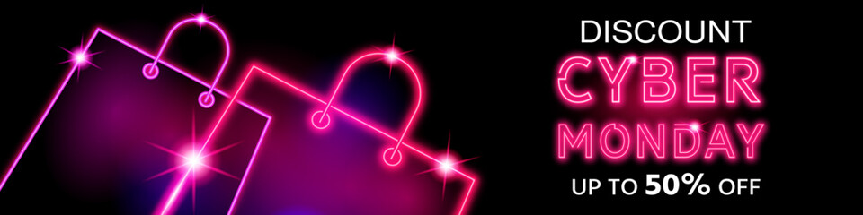 Cyber Monday sale discount banner. Modern glowing background with abstract neon shapes of gift bag icon in neon style. Final sale up to 50% off. neon style. Banner, poster vector illustration.