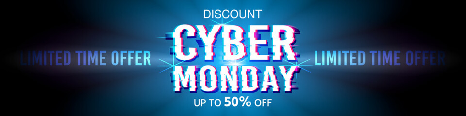 Cyber monday banner sale discount in glitch style. Glow banner. Modern trendy sale banner. Final sale up to 50% off. Special offer. Limited time offer. Banner template, poster vector illustration.