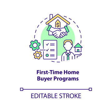 First time home buyer programs concept icon. Downpayment assistance. Homebuying tip abstract idea thin line illustration. Isolated outline drawing. Editable stroke. Arial, Myriad Pro-Bold fonts used
