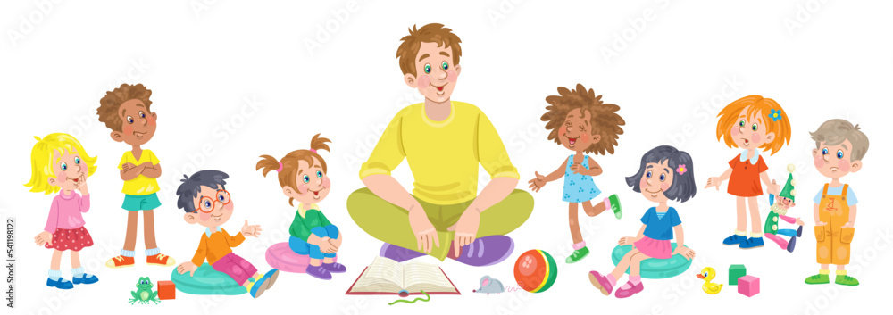 Sticker Young man sits surrounded by children of different nationalities. In cartoon style. Isolated on white background. Vector flat illustration