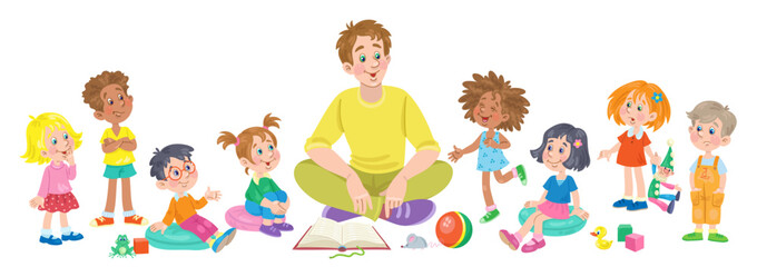 Young man sits surrounded by children of different nationalities. In cartoon style. Isolated on white background. Vector flat illustration