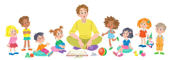 Young man sits surrounded by children of different nationalities. In cartoon style. Isolated on white background. Vector flat illustration