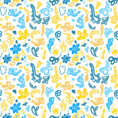 Floral pattern of blue and yellow elements. Colors of the Ukrainian flag. Seamless vector image.