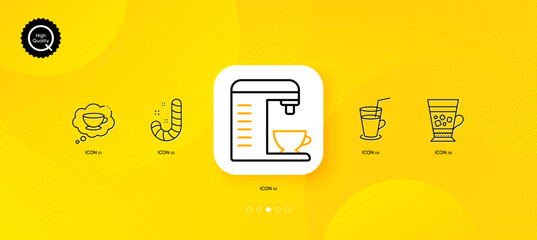 Frappe, Coffee cup and Coffee machine minimal line icons. Yellow abstract background. Candy, Cocktail icons. For web, application, printing. Cold drink, Think bubble, Cappuccino machine. Vector