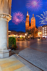 New year celebrate fireworks over Old Town of Krakow. Poland, Europe