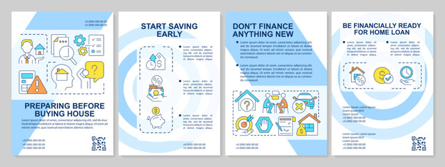 Preparing before home purchase blue brochure template. Real estate. Leaflet design with linear icons. Editable 4 vector layouts for presentation, annual reports. Arial, Myriad Pro-Regular fonts used