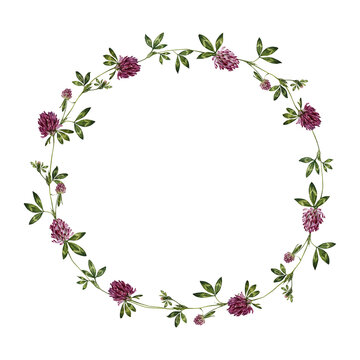 Watercolor floral wreath of hand-painted red clovers for beautiful botanical, delicate, rustic, boho style projects, wedding invitations, textiles, menus, greeting cards