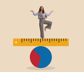 Keep balance in work tasks, goals. Young woman, employee, office worker standing on drawn ruler and chart. Concept of finance, economy, resilience - obrazy, fototapety, plakaty