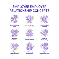 Employee employer relationship concept icons set. Work ethics. Relations in workplace idea thin line color illustrations. Isolated symbols. Editable stroke. Roboto-Medium, Myriad Pro-Bold fonts used