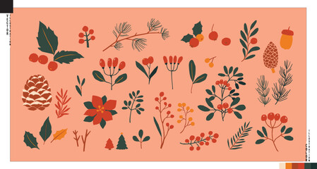 Vector of Christmas plants. Xmas flat icons in papercut style. Holiday decorations, pine cones, leaves, holly berries, trees. 