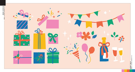 Vector of gift boxes and party flat design elements. Colored icons in papercut style. Christmas celebrations, birthday parties, special days.