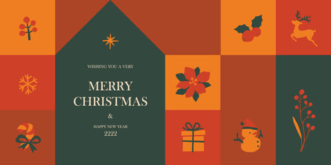 Merry Christmas and Happy New Year background. Cute illustration of winter holiday icons in a simple design with copy space.   