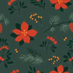Vector of seamless Christmas floral in green background. Winter holiday season concept.