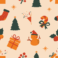 Seamless Christmas pattern on beige color background. Vector illustration of winter holiday symbols and fun party elements.