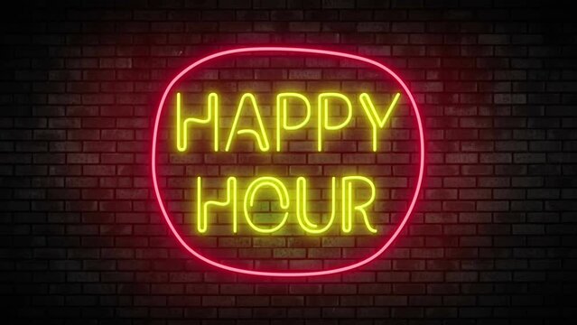 Happy hour Neon Light on Brick Wall. Night Club Bar Blinking Neon Sign. Motion Animation. 4K FullHD and HD render footage animation