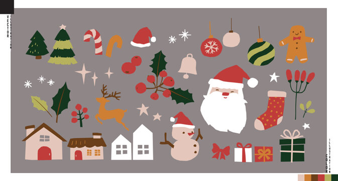 Vector of Christmas flat design elements. Xmas icons in papercut style. Christmas decorative items.