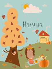 Fototapeta premium Autumn card illustration with cute birds and hedgehog