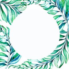 Fototapeta na wymiar Exotic multicolor plants frame watercolor illustration on white