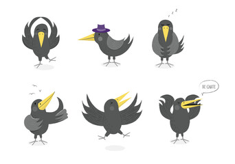 Black cartoon crow with different emotions without background 