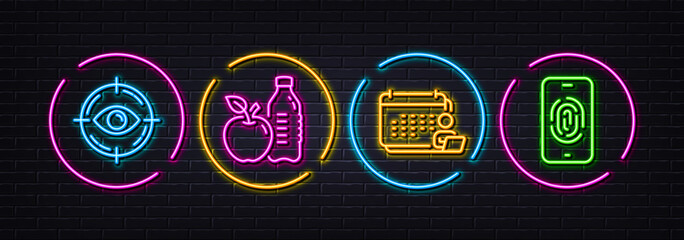 Healthy food, Eye target and Accounting minimal line icons. Neon laser 3d lights. Fingerprint icons. For web, application, printing. Drink bottle, Optometry, Schedule report. Biometric scan. Vector