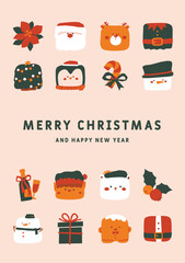 Festive Xmas greeting cards. A Cute hand-drawn Merry Christmas and happy new year postcard with winter holiday symbols.
