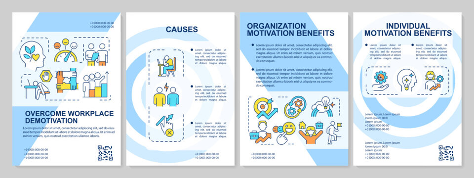 Overcome employees demotivation blue brochure template. Engagement. Leaflet design with linear icons. Editable 4 vector layouts for presentation, annual reports. Arial, Myriad Pro-Regular fonts used