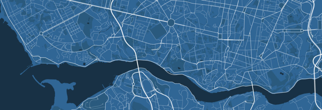 Detailed map poster of Porto city, linear print map. Blue skyline urban panorama. Decorative graphic tourist map of Porto territory.