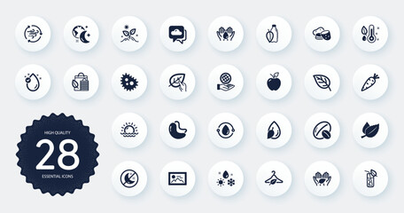 Set of Nature icons, such as Slow fashion, Bacteria and Wind energy flat icons. Carrot, Fair trade, Mint leaves web elements. Vitamin e, Soy nut, Cold-pressed oil signs. Water glass. Vector