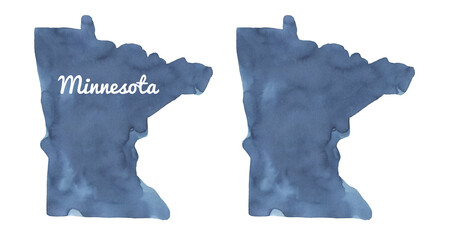 Watercolour illustration set of Minnesota State Map Silhouette in dark blue color. Two variations: empty template and with text lettering. Hand painted water color drawing, cut out element for design.
