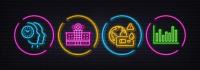 Covid test, Time management and Hospital building minimal line icons. Neon laser 3d lights. Bar diagram icons. For web, application, printing. Blood testing, Teamwork clock, Medical help. Vector © blankstock