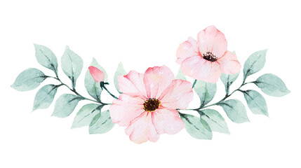 Fototapeta premium Illustration bouquet of pink flowers painted with watercolors.Drawing of a branch with leaves and floral.For decorating wedding invitation cards.Vintage style.Blooming flower painting for summer.