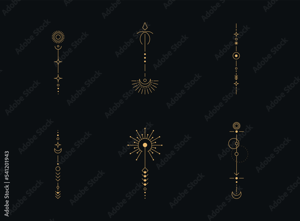 Sticker set of moon and sun line art. minimal boho linear symbols. celestial mystic element. vector line art