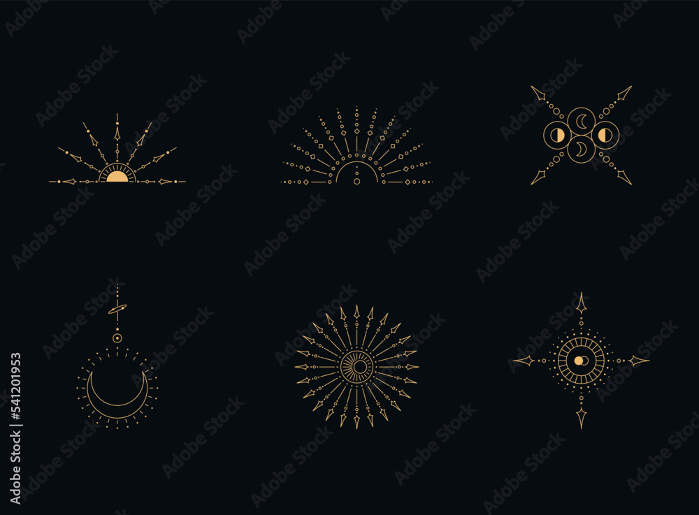 Sticker set of moon and sun line art. minimal boho linear symbols. celestial mystic element. vector line art